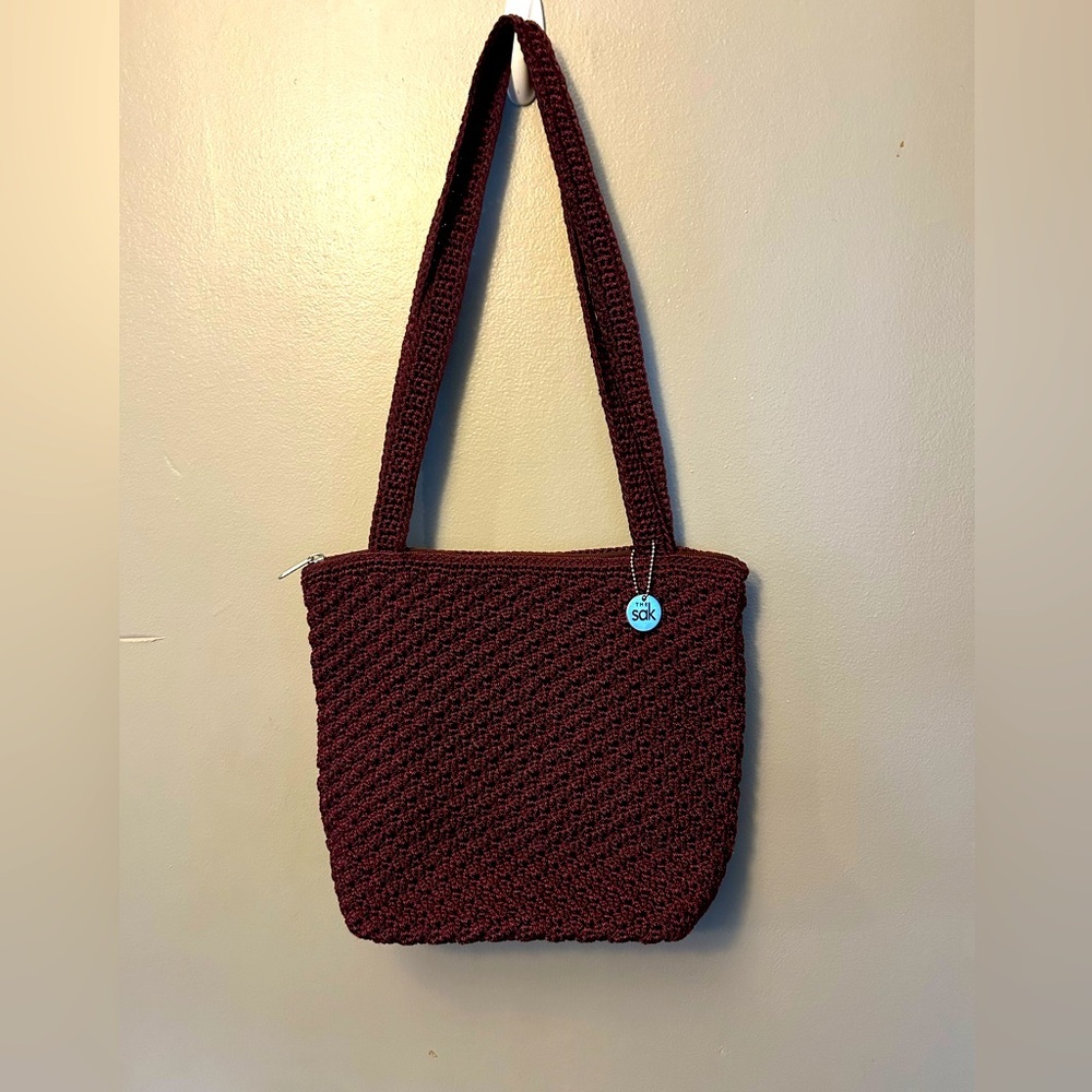 The Sak purse - deep burgundy crochet knit small tote